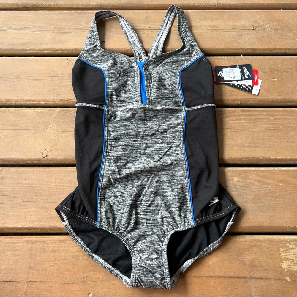 Speedo Black & Gray One Piece Bathing Suit - Size 8 *NEW*
